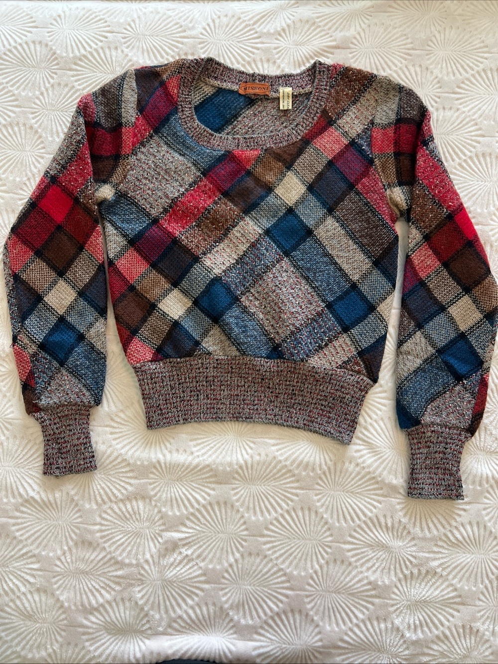 Vtg MISSONI Multicolor Plaid Knit Women's Sweater - Red, Blue, Brown XS